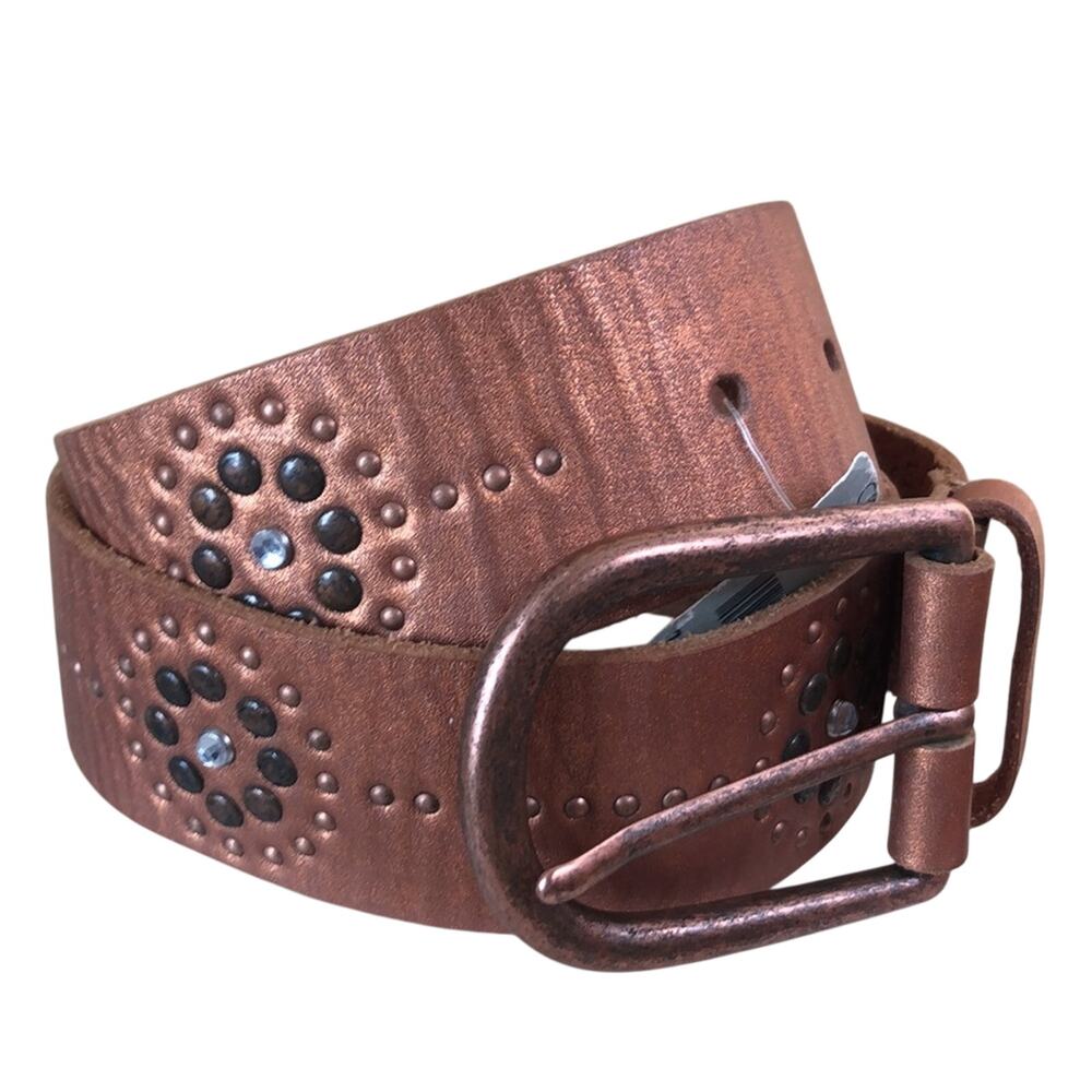 Cache Copper Metallic Leather Nail Head Rhinestone Belt Pant New Sz S/M $98 NWT